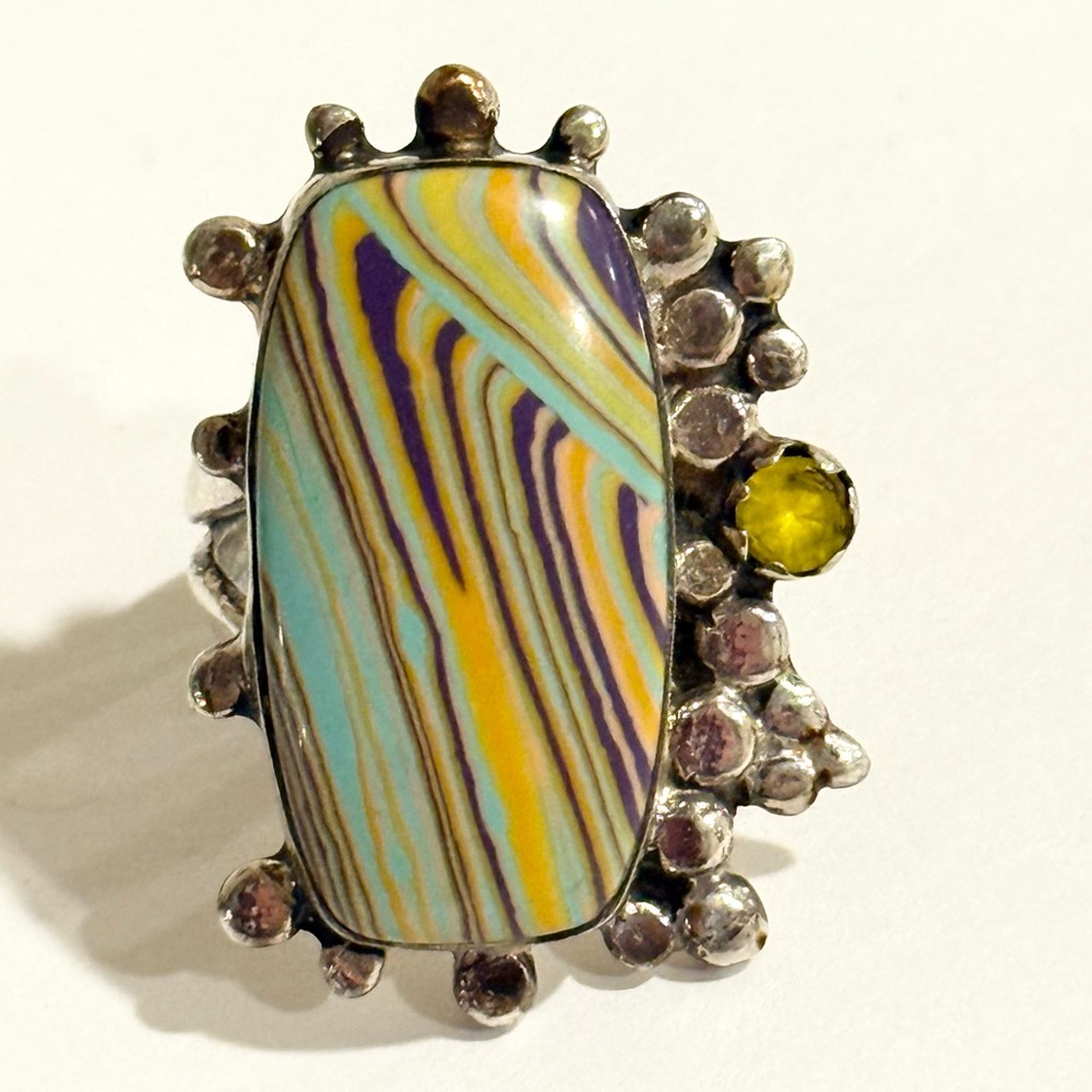Vintage Rainbow Calscilica Large 9g Ring Sterling Silver Navajo Style Size 7
